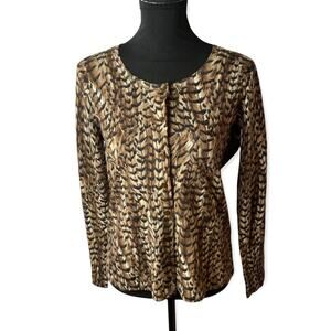 Talbots Petites Cardigan Large LP Merino Wool Brown Button Front Feather